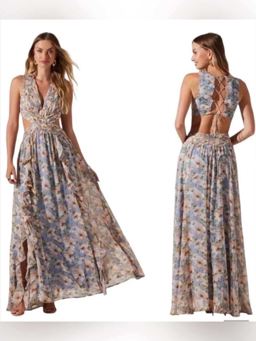 Astr Floral Cutout Lace-Up Back Maxi Dress in Iris Blue Blush
